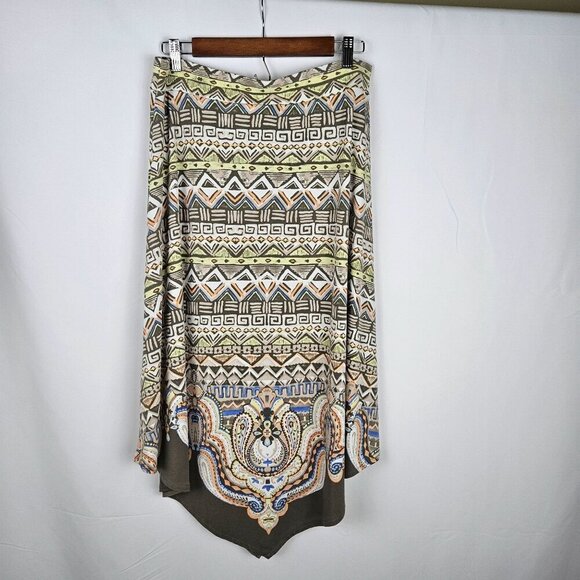 Chico's Size Medium Maxi Boho Print Green Handkerchief Asymmetrical Pullon Skirt - Picture 3 of 6